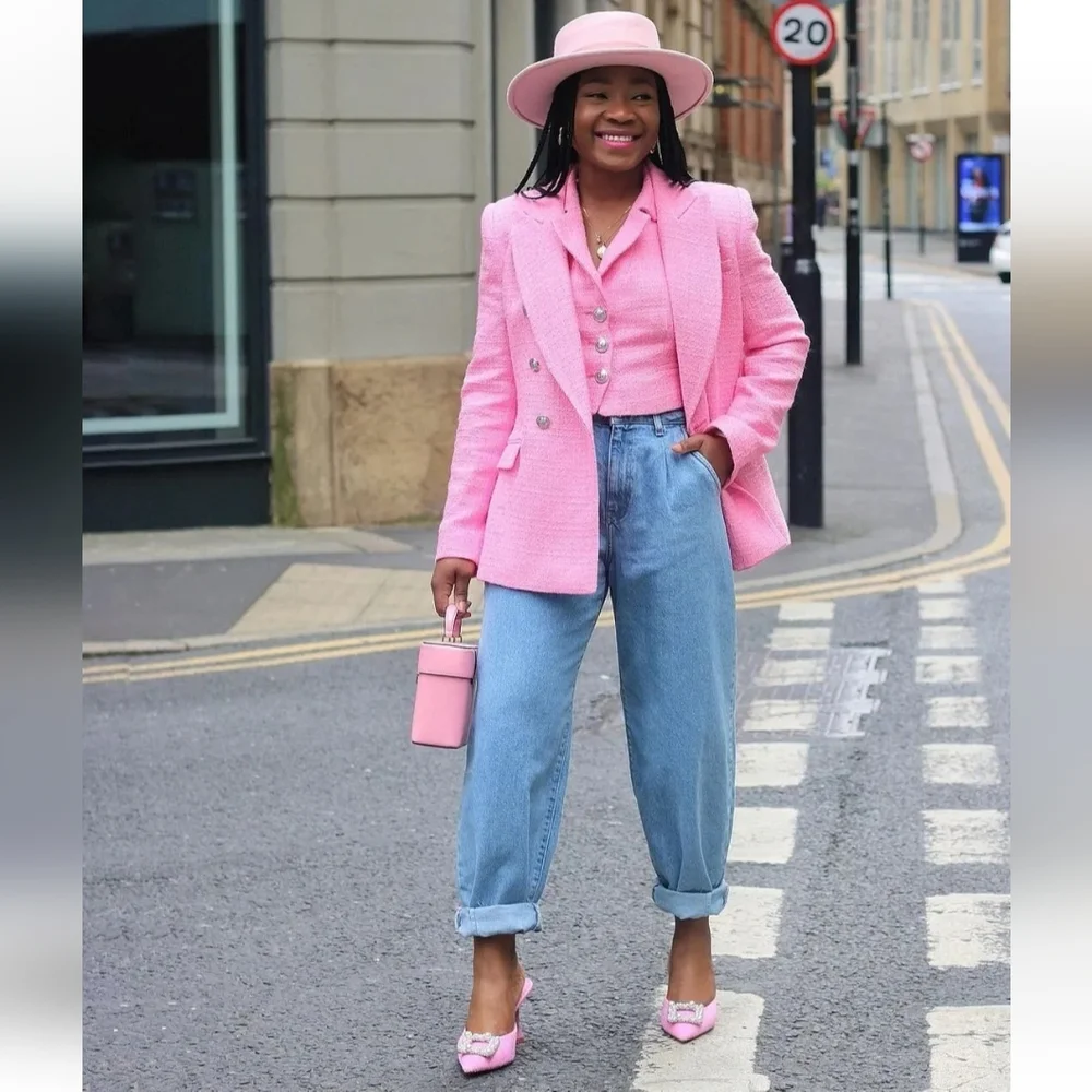 Zara Textured Tweed  Double Breasted  Blazer pink size M - Picture 11 of 15